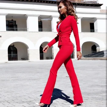 2019 nové 2 ks dvoch-dielny oblek dlhým rukávom bežné sexy bunda + nohavice dámske oblek biele červené elegantné slim oblek nohavice oblek