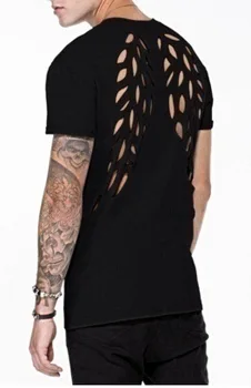 2019 Nové pánske Letné Bežné Tričko Fashion Krídla Duté Sa Backless T-shirt Muž Čierne Sexy Topy Streetwear Sexy Topy Horúci Čaj
