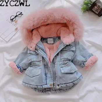 2019 Zimné Baby Girl Denim Jacket Plus Velvet Real Kožušiny Teplé Batoľa Dievča Vrchné Oblečenie Kabát 1-4 Rokov Deti Detská Dievča Vetrovka
