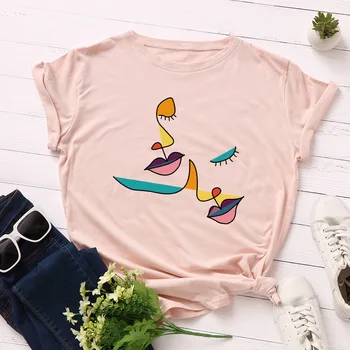 2020 Lete Ženy Bavlna T-shirt Bežné Harajuku Tvár Siluetu Umelecké Ružové Tričká Topy Veľké Veľkosti Estetické T Tričko