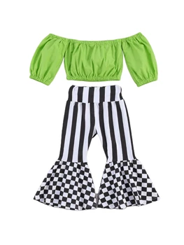 2020 NOVÉ Dievčenské Prúžkovaný Oblek Off-Ramenný Zelený Krátky Rukáv, Blúzky, Čierna a Biela Rozstrapatené Kockované Nohavice, Oblečenie Sady