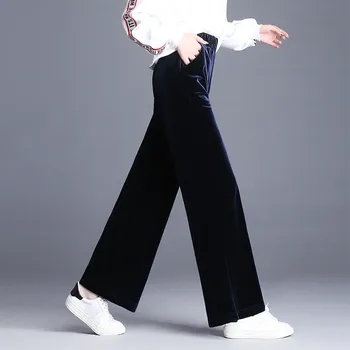 2021 Nové žien veľká Čierna Vintage Pevné Velvet Vysoký Pás Nohavice žena Retro plus veľkosť voľné Velvet široký-legged nohavice