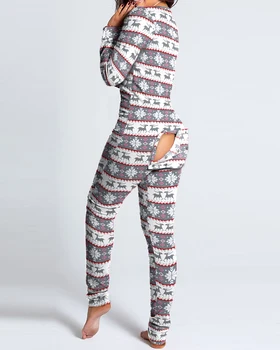 2021 Nový Rok Veselé Vianoce Funkčné Buttoned Klapka Vytlačené Dospelých Pyžamo Vyhovovali Jeden Kus Sleepwear Odnímateľný Kombinézach