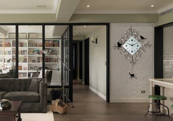 3D Big Swing Nástenné Hodiny Moderný Dizajn Stene Hodinky Obývacia Izba 9pcs Diamanty Kovaného Železa Tichý Vtákov a Stromov Hodiny