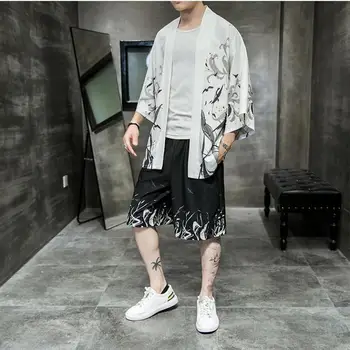 4XL 5XL Mens Plus Veľkosť Japonský Streetwear Tepláková súprava Mužov Leto Dve Dielna Sada Kimono Tričko + krátke Nohavice Mužské Oblečenie Muži 2 Dielna Sada