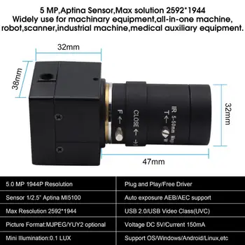 5 Megapixelový 2592X944 Vysoké Rozlíšenie, USB 2.0 Webcam Aptina MI5100 Farebná CMOS Full HD Varifokálny 5MP USB Kamera pre 3D tlačiarne