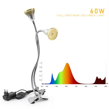60W LED Rásť Svetlo DC85-265V celé Spektrum 2 Vedúci Žiarovky Pružný Klip Rast Phyto Lampa pre Rastlín Krytý Tabuľka Fitolamp w/ Plug