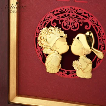 Asklove Svadobné dekorácie 24k Gold Leaf Maľovanie Sladká Láska obrázky Ploche Ozdoby Remesiel Wall Art Obrázky Domova Darček