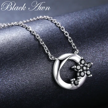 [BLACK AWN] Classic 925 Sterling Silver Šperky Náhrdelník pre Ženy, Kvet Čiernej Spinelovou Kolo Náhrdelníky, Prívesky, K036