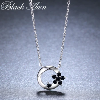 [BLACK AWN] Classic 925 Sterling Silver Šperky Náhrdelník pre Ženy, Kvet Čiernej Spinelovou Kolo Náhrdelníky, Prívesky, K036