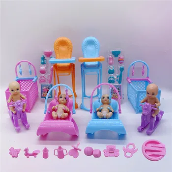 Bábiky bábiky príslušenstvom detská hračka balík = detská posteľ + detská hojdacia stoličky + jedálenské stoličky + riad najlepšie darčeky pre dievčatá