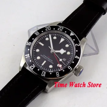 Corgeut 41mm GMT 5ATM automatické náramkové hodinky mužov luxusné zafírové sklo kožený remienok čierny strile dial svetelný nepremokavé
