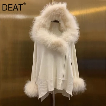DEAT 2020 nové zimné móda ženy šaty s kapucňou kožušiny golier zipsy pletenie voľné biele teplý sveter zena top WO62400L