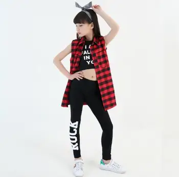 Dievčatá Moderný Jazz Hip Hop Dancewear Kostýmy Nastaviť pre Deti Kockovaný Kabát Plodín Vesta Nohavice Teen Oblečenie Detí Street Dance Oblečenie