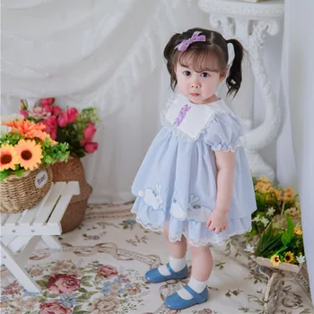 Dieťa Dieťa Dievča Leta Čipky Lolita Králik Výšivky Vintage španielsky Pompom Šaty Princezná Šaty pre Eid Narodeniny Veľkonočné Strany