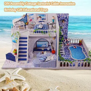 DIY domček pre bábiky Montáž Chata Santorini Kabíne Inovatívne Darček k Narodeninám Deti Vzdelávacie Hračky Vianoce, Valentína Dary