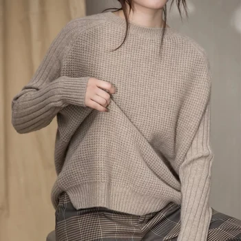 Dámske zimné sveter okrúhlym výstrihom, dlhý rukáv voľné bežné pletené cashmere sveter ženy