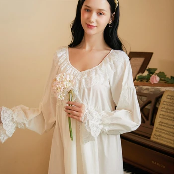 Dámy župan sexy long-sleeve bavlna biela nightdress jeseň palác v štýle retro voľné plus veľkosť domáceho poskytovateĺa pijamas ženy