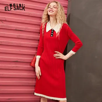 ELFSACK Black Pevné Tlačidlo Zrastov Bežné Šaty Žien 2020 Jar Červená Colorblock Vintage Drop Ramenný Rukáv Dámske Denné Šaty