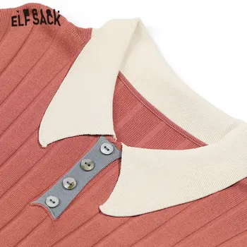 ELFSACK Black Pevné Tlačidlo Zrastov Bežné Šaty Žien 2020 Jar Červená Colorblock Vintage Drop Ramenný Rukáv Dámske Denné Šaty