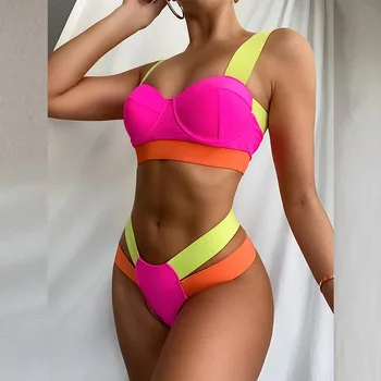 Farebné Patchwork Obväz Bikiny, Plavky Ženy Underwire Push Up Bikini Set Plavky 2021 Letné Módne Plavky Biquini