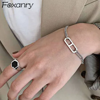 Foxanry 925 Sterling Silver Trendy Náramky pre Ženy Vintage Jednoduché Thai Striebro Duté Geometrické Oválne Narodeninovej Party Šperky