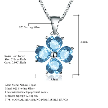 Gem Balet 925 Sterling Silver Ďatelina Tvar 4.23 Ct Swiss Natural Blue Topaz Drahokam Prívesok Náhrdelník Jemné Šperky Pre Ženy