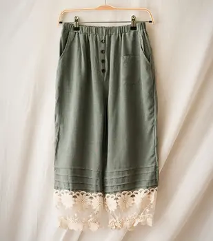 Harajuku mori štýl elastický pás čipky nohavice vrecku voľné lem lolita dievèa line bavlna capris vyšívané čipky tlačidlo nohavice
