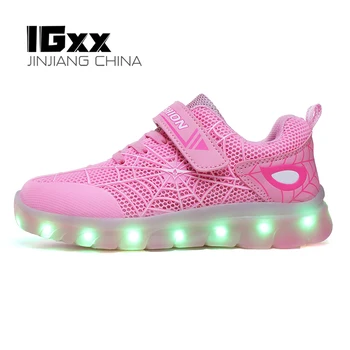 IGxx LED Svetlo, Až Topánky Pre Deti Spider Zips, Háčik&Slučky pavučina USB Nabíjanie Žiariace Topánky LED Dieťa Svietiace LED Tenisky Chlapcov
