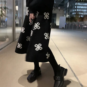 Japonský Elastické Vysoký Pás Dlhé Sukne Ženy Ďatelina Kvetinový Pletené Sukne Jeseň Zima A-line Midi Sukne pre Ženy, Streetwear