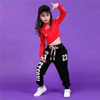 Jazz Tanečné Kostýmy Pre Dievčatá Black Red Long Sleeve Topy Bezec Nohavice Deti Hip Hop Kostým Detský Street Dance Oblečenie