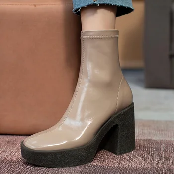 Jesenné zimné topánky značky elastické mikrovlákno kožené topánky, členkové topánky žena vysoké podpätky balíku zelená hrubé platformu členková obuv