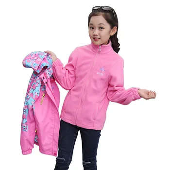 Jeseň Zima Detí Dievča vrchné oblečenie Bunda 2 ks set (Fleece Topy + Vetru Kabát) Kabáty s Kapucňou Pre Dievča Deti Športové Oblečenie
