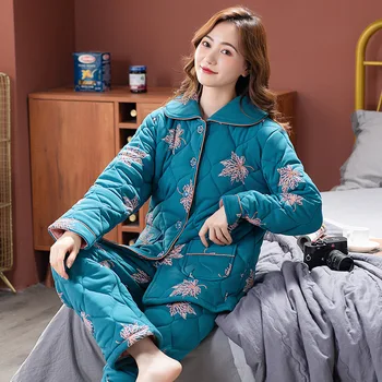 Jeseň Zima Tri Vrstvy, Zahusťovanie Pletené Bavlny Prešívaný Pyžamo Sleepwear Plus Veľkosť Odev Cardigan Pyžamá Domov Služby