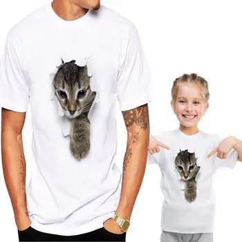 LILIGIRL 3D Mačka Rodiny Bavlna T-shirts 2019 Nové Matka, Otec, Dcéra, Syn Biele Tričko Topy pre Maminku a Ma Zodpovedajúce Oblečenie
