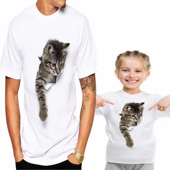 LILIGIRL 3D Mačka Rodiny Bavlna T-shirts 2019 Nové Matka, Otec, Dcéra, Syn Biele Tričko Topy pre Maminku a Ma Zodpovedajúce Oblečenie