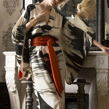 MAISON GABRIELLE Abstraktné Vytlačené Kimono Šaty Pre Ženy, Hodvábny Satén župane Dlho Peignoir Nightgown Plavky Negližé