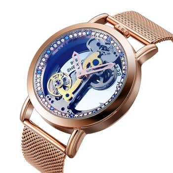 Móda Rose Gold Kostra Crystal Dial Ženy Mechanické Hodinky z nerezovej ocele oka Dámske náramkové hodinky automatické montre homme