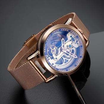 Móda Rose Gold Kostra Crystal Dial Ženy Mechanické Hodinky z nerezovej ocele oka Dámske náramkové hodinky automatické montre homme