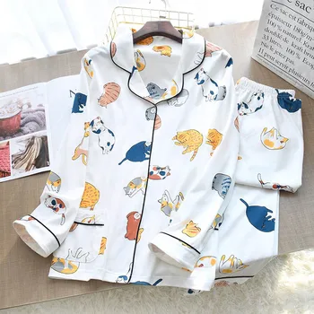Na jar A na Jeseň Nové Sladké Mačiatko Tlač Dámske Bavlnené Pyžamo Nastaviť Zase dole Golier Cartoon Sleepwear Pohodlie Voľné oblečenie pre voľný čas