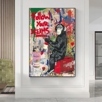 Nasledovať Svoje Sny Gorila Graffiti Plátne Obrazy Plagáty a Vytlačí Opice Wall Street Art Obrázky pre Obývacia Izba Dekor