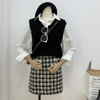 Načechraný houndstooth marhuľový vlnené krátke sukne ženy jeseň a v zime vysoký pás retro jemné západný štýl čiernu,-line sukne
