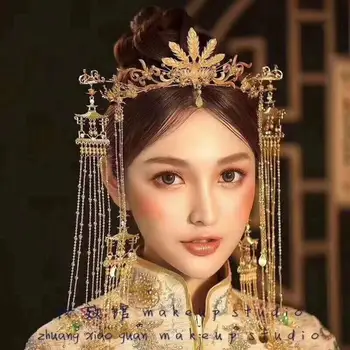 Nevesta nový štýl dávnych kostým pokrývku hlavy Čínske svadobné vlasy Phoenix koruny palác retro STRAPEC UCHO nastaviť