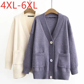 Nové dámske jesenné zimné plus veľkosť pletený sveter bunda pre ženy veľký, dlhý rukáv tlačidlo vrecku biely sveter kabát 4XL 5XL 6XL