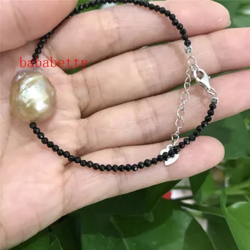 Nové prírodné black2-3 MM kameň Fialová biela o 14X18MM baroková perla náramok 7 palcový Tibetského striebra spona predĺžil 3 CM