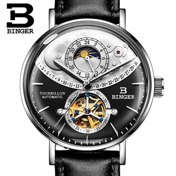 Originálne Luxusné BINGER Značky Muži hodinky z ocele a kožené automatické mechanické muž fázy mesiaca nepremokavé cruve povrchu šedá dial