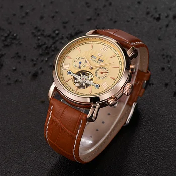 OUYAWEI Muži Mechanické Náramkové Hodinky Luxusné Rose Gold Muž Hodiny Bežné Kožený pásik, Multifunkčné Auto Dátum Náramkové hodinky