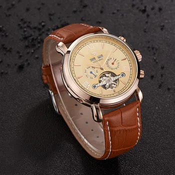OUYAWEI Muži Mechanické Náramkové Hodinky Luxusné Rose Gold Muž Hodiny Bežné Kožený pásik, Multifunkčné Auto Dátum Náramkové hodinky