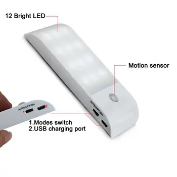 PIR Infračervený Snímač Pohybu USB Nabíjateľné 12 LED Nočného Svetla Indukčný detektor Chodbe Skrine, Skriňa, Nočné Lampy