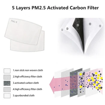PM2.5 Anti Haze Úst Maska Vymeniteľný Filter-plátok 5 Vrstiev Non-tkané Dieťa Deti Filter Uhlíkom
